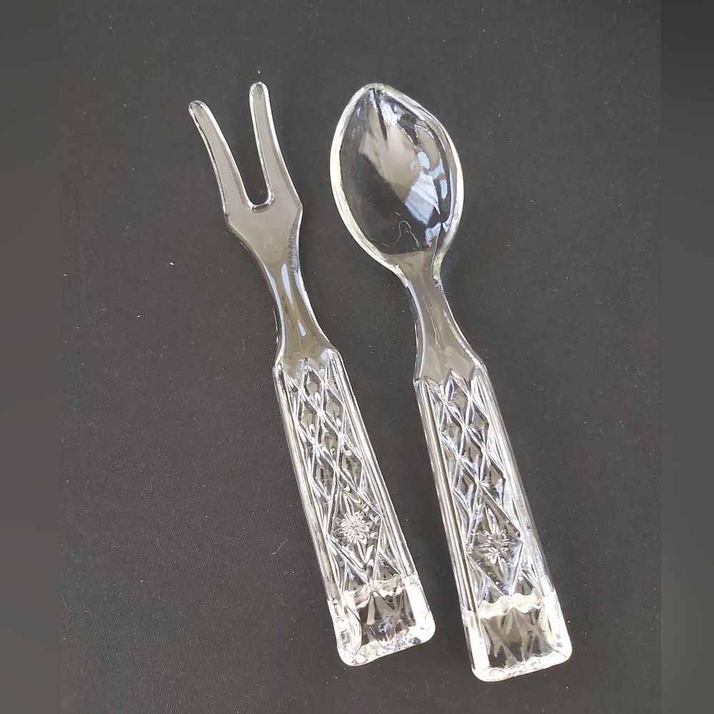 Vintage ANCHOR HOCKING Glass Wexford Clear Fork & Spoon Salad Serving Set